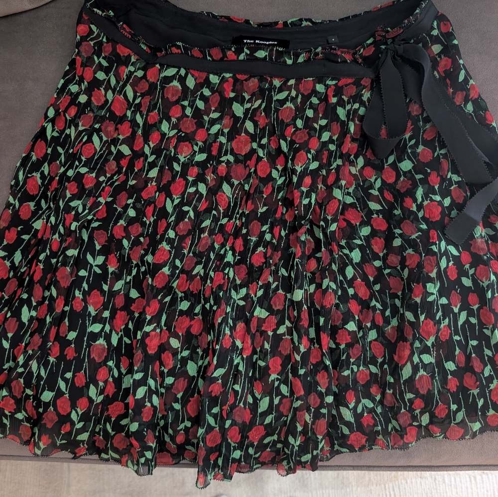 The Kooples Red and Green Mini Skater Skirt with Tie Front